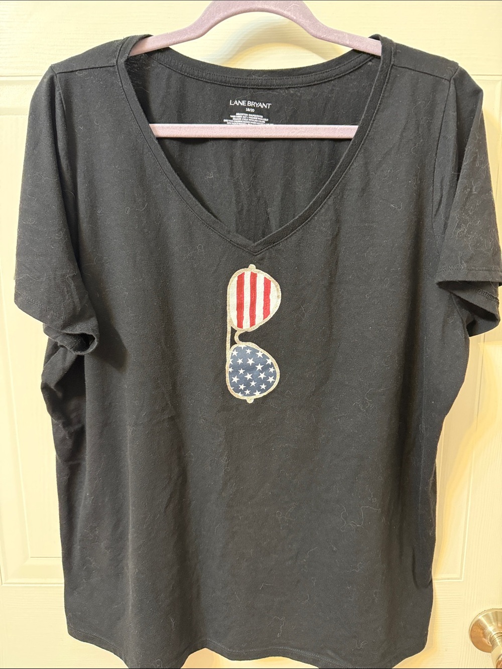 Lane Bryant Black V-Neck Tee with Patriotic Sunglasses Applique